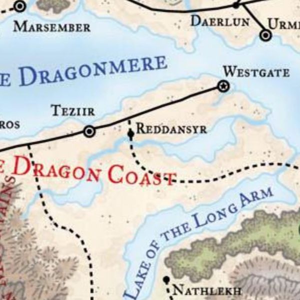 Map of Faerûn's Dragon Coast area, featuring Westgate, Reddansyr, and Teziir